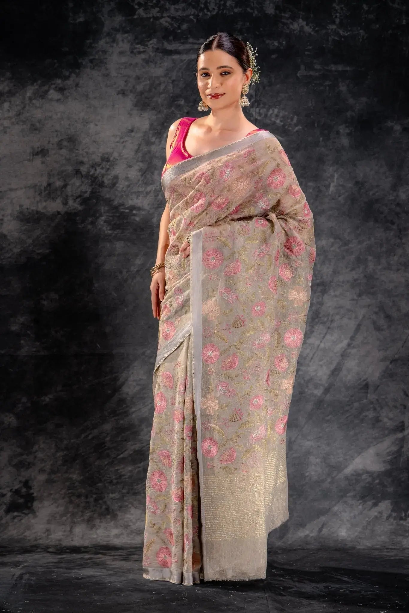 Champagne Gold Tissue Silk Saree with Embroidery that-saree-shop.myshopify.com
