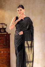 Charcoal Black Crepe Saree with Gold-Silver Check Lines with Satin Border that-saree-shop.myshopify.com