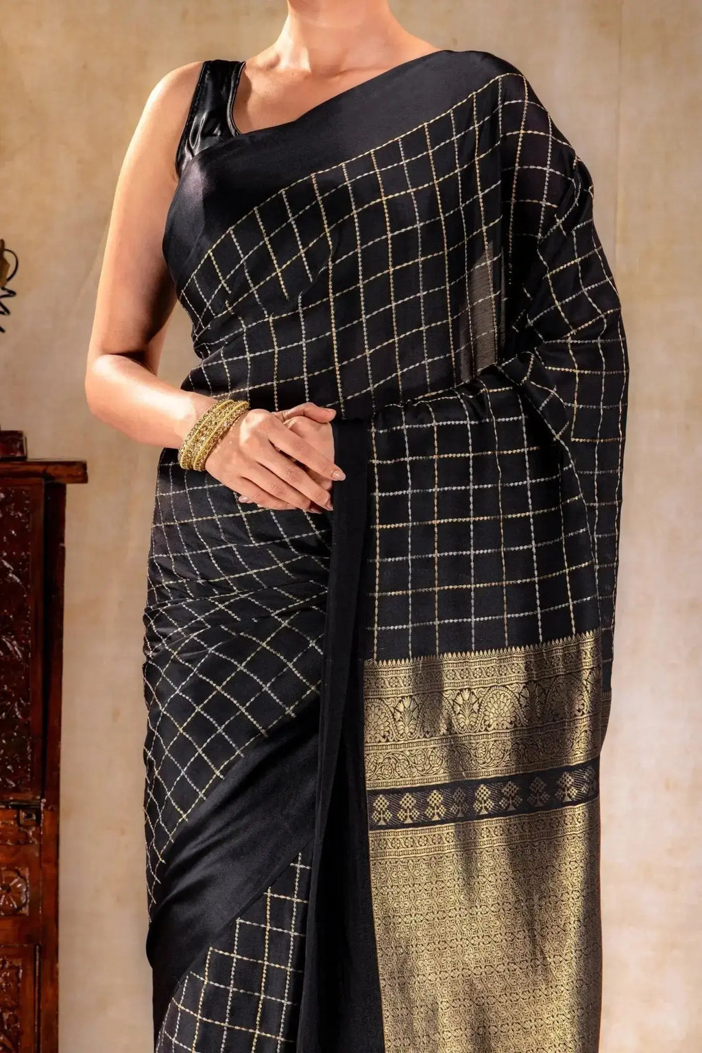 Charcoal Black Crepe Saree with Gold-Silver Check Lines with Satin Border that-saree-shop.myshopify.com