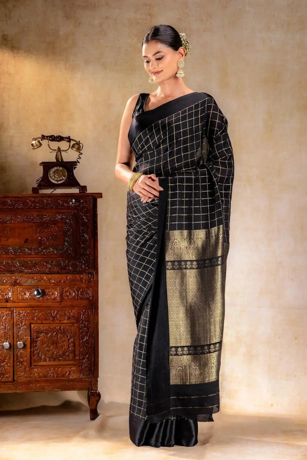 Charcoal Black Crepe Saree with Gold-Silver Check Lines with Satin Border that-saree-shop.myshopify.com