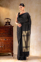 Charcoal Black Crepe Saree with Gold-Silver Check Lines with Satin Border that-saree-shop.myshopify.com
