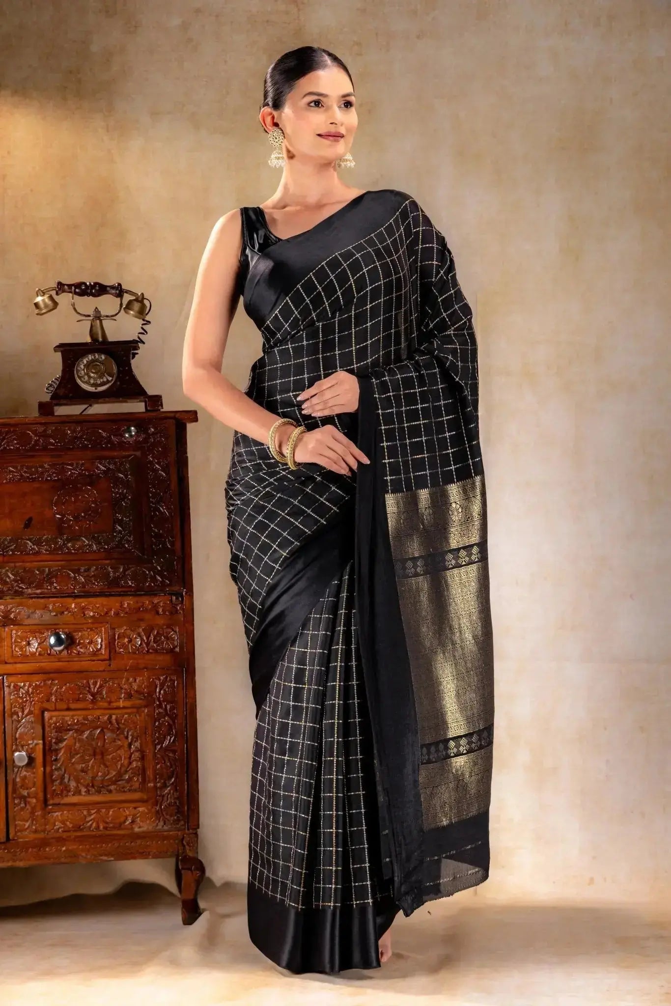 Charcoal Black Crepe Saree with Gold-Silver Check Lines with Satin Border that-saree-shop.myshopify.com