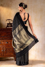 Charcoal Black Crepe Saree with Gold-Silver Check Lines with Satin Border that-saree-shop.myshopify.com