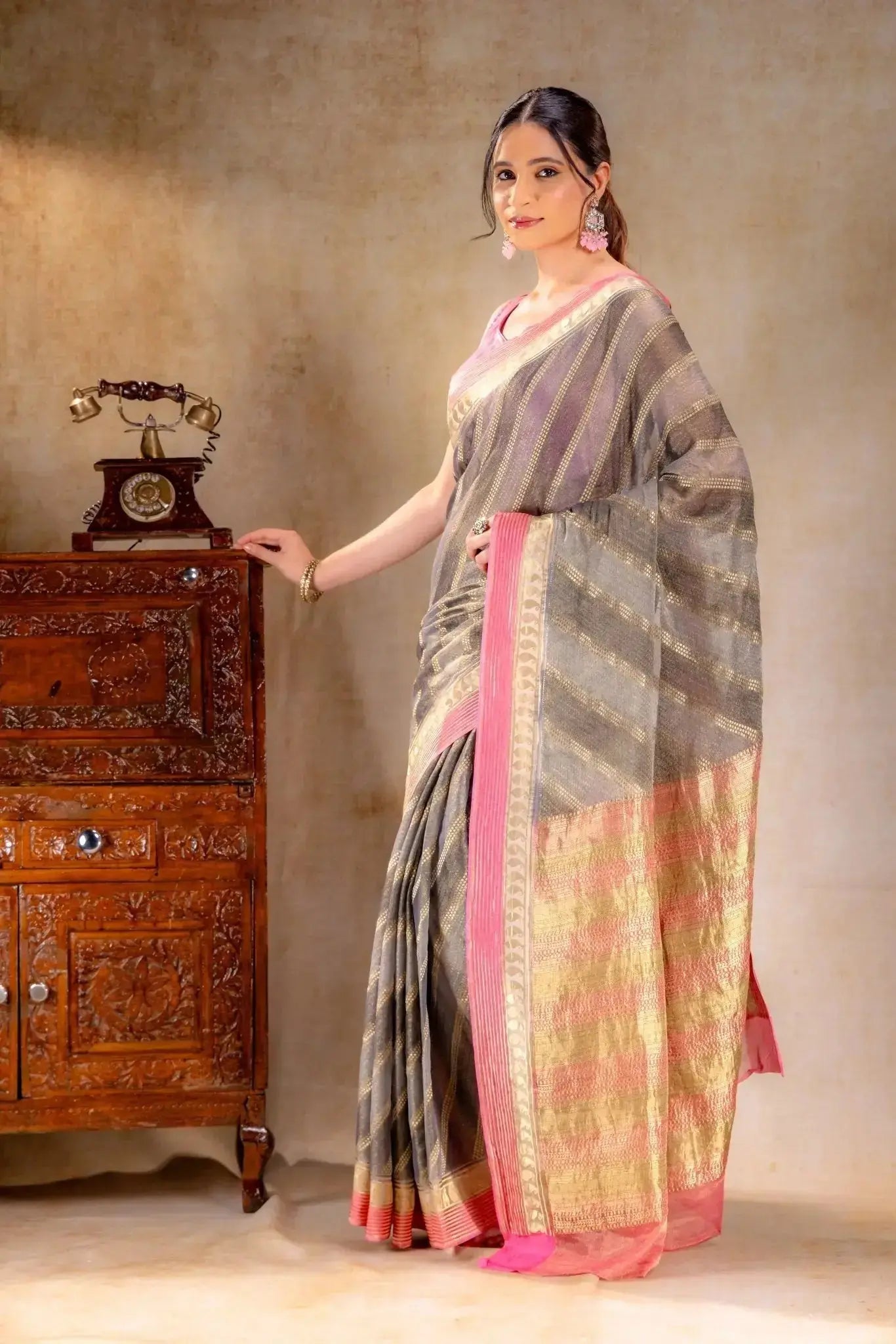Charcoal Gold Tissue Saree with Mango Motif and Pink Zari Border that-saree-shop.myshopify.com