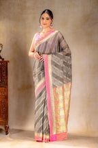 Charcoal Gold Tissue Saree with Mango Motif and Pink Zari Border that-saree-shop.myshopify.com