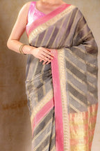 Charcoal Gold Tissue Saree with Mango Motif and Pink Zari Border that-saree-shop.myshopify.com