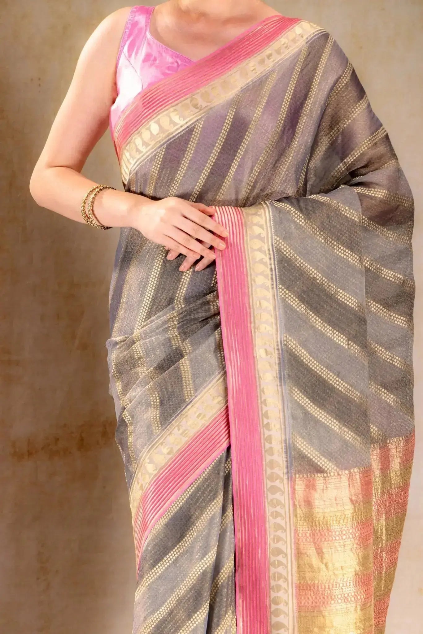 Charcoal Gold Tissue Saree with Mango Motif and Pink Zari Border that-saree-shop.myshopify.com