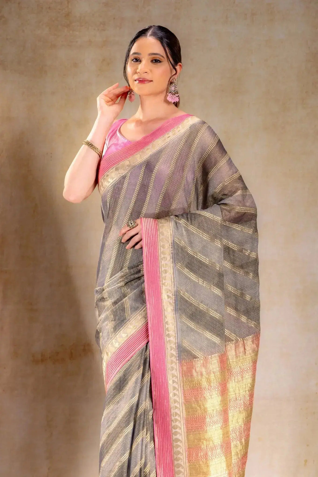 Charcoal Gold Tissue Saree with Mango Motif and Pink Zari Border that-saree-shop.myshopify.com