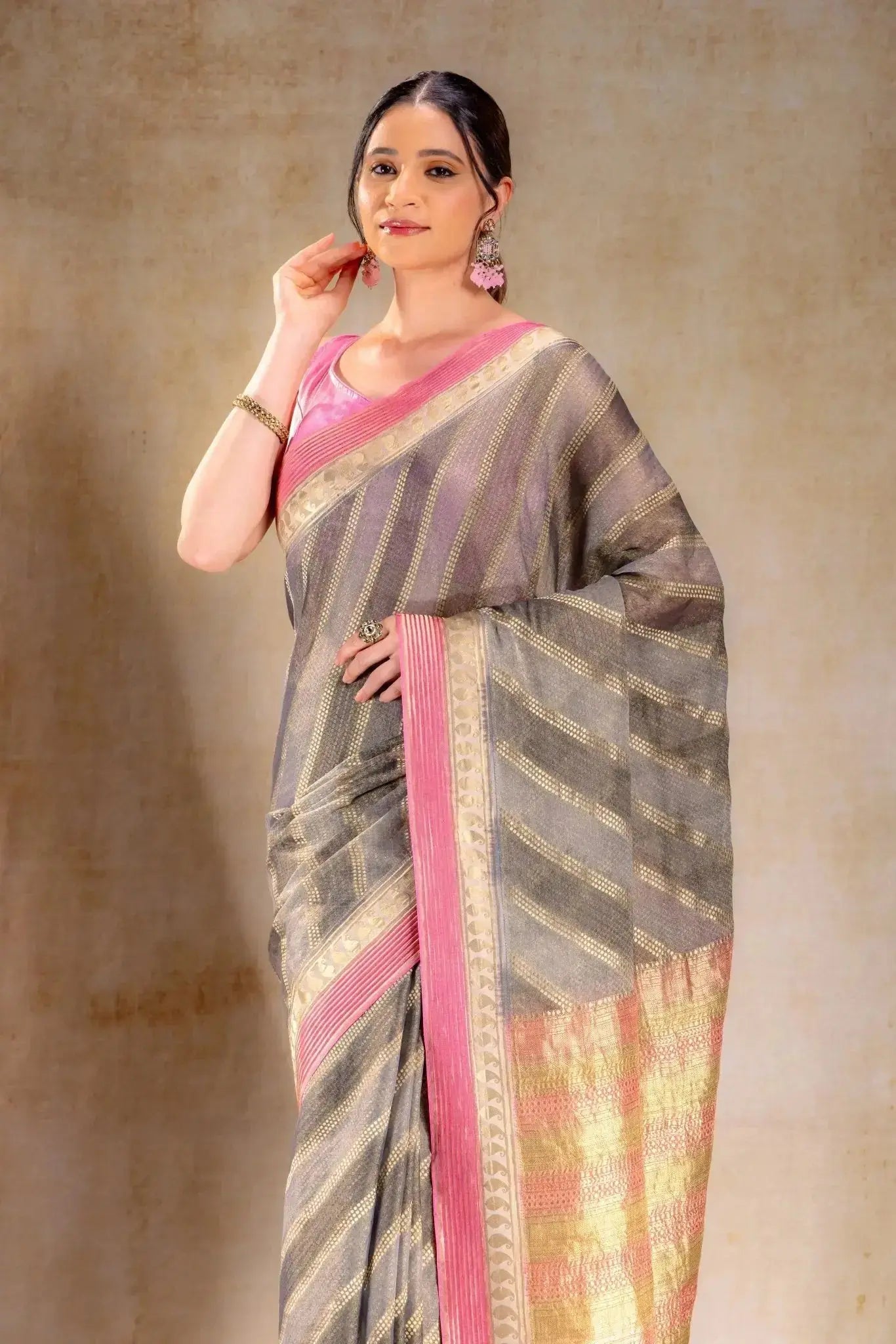Charcoal Gold Tissue Saree with Mango Motif and Pink Zari Border that-saree-shop.myshopify.com