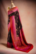 Chocolate Brown Crepe Silk Saree with Pink-Red Contrast Border and Zari Buttas that-saree-shop.myshopify.com