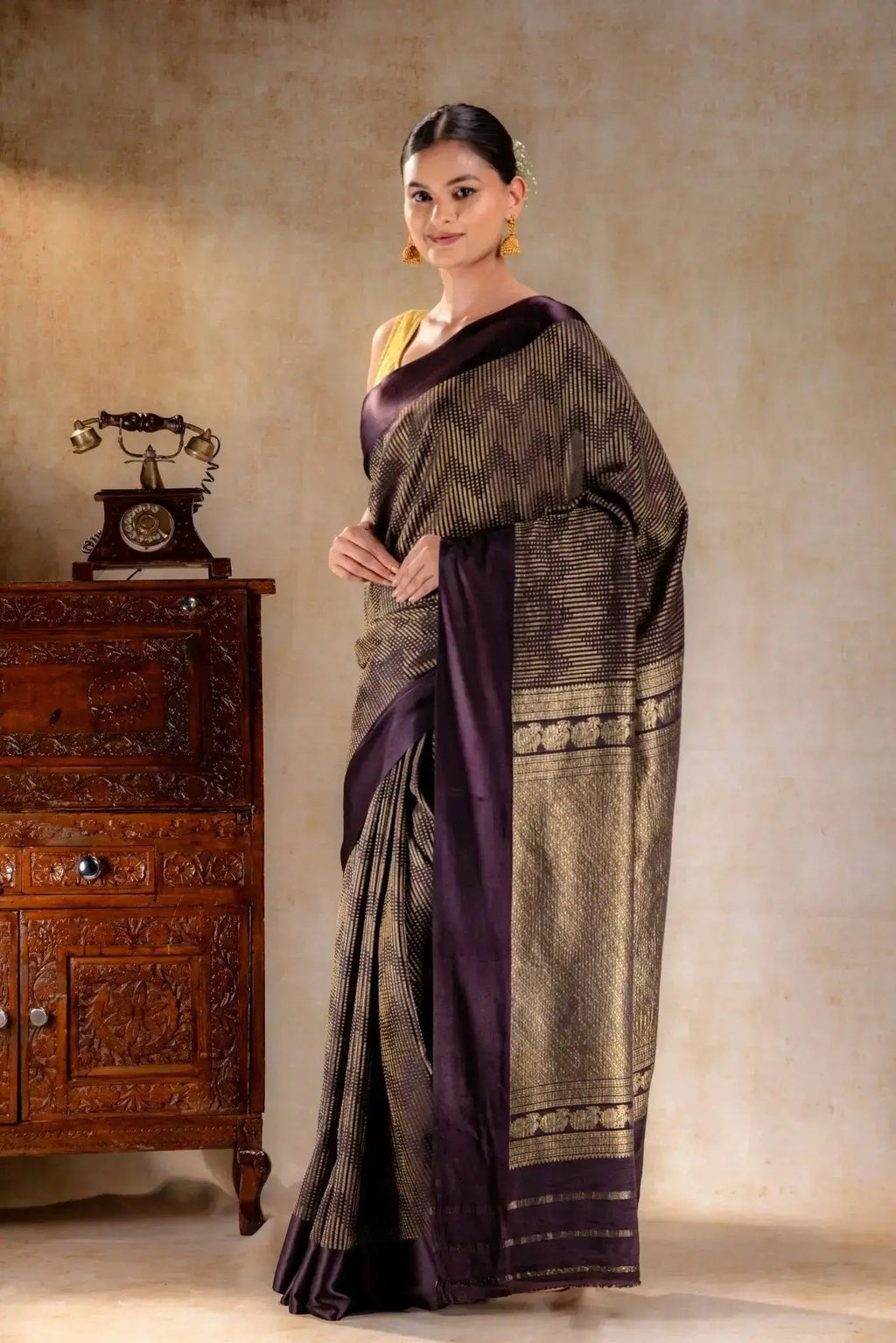Chocolate Crepe Silk Saree with Metallic ZigZag Weave and Satin Border that-saree-shop.myshopify.com