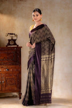 Chocolate Crepe Silk Saree with Metallic ZigZag Weave and Satin Border that-saree-shop.myshopify.com