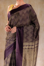 Chocolate Crepe Silk Saree with Metallic ZigZag Weave and Satin Border that-saree-shop.myshopify.com