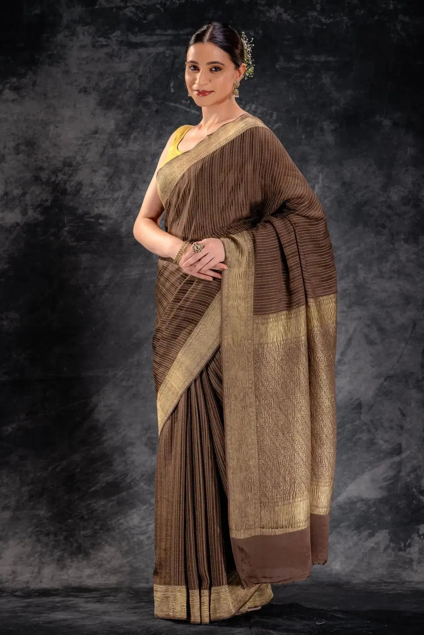 Cocoa Brown Crepe Silk Saree with Zari Stripes and Crushed Border that-saree-shop.myshopify.com