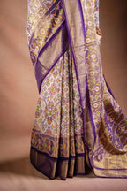 Cream Pochampally Saree with Purple Border that-saree-shop.myshopify.com