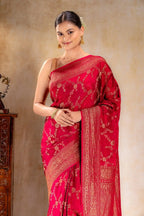 Deep Red Crepe Silk Saree Vat Dyed with Antique Zari Border that-saree-shop.myshopify.com