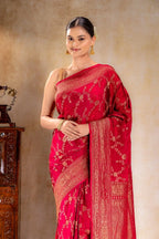 Deep Red Crepe Silk Saree Vat Dyed with Antique Zari Border that-saree-shop.myshopify.com