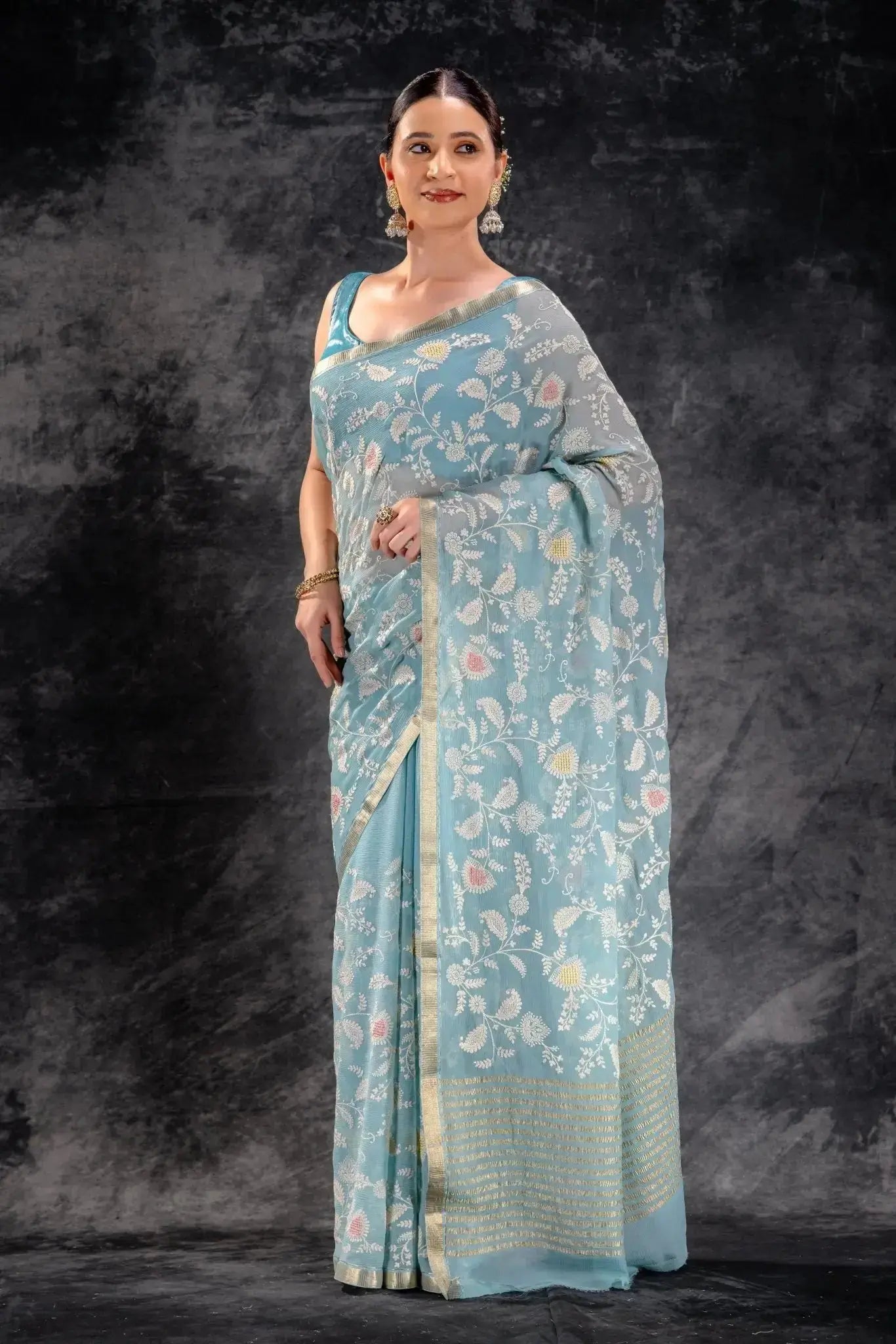 Dusty Aqua Embroidered Chiffon Saree that-saree-shop.myshopify.com
