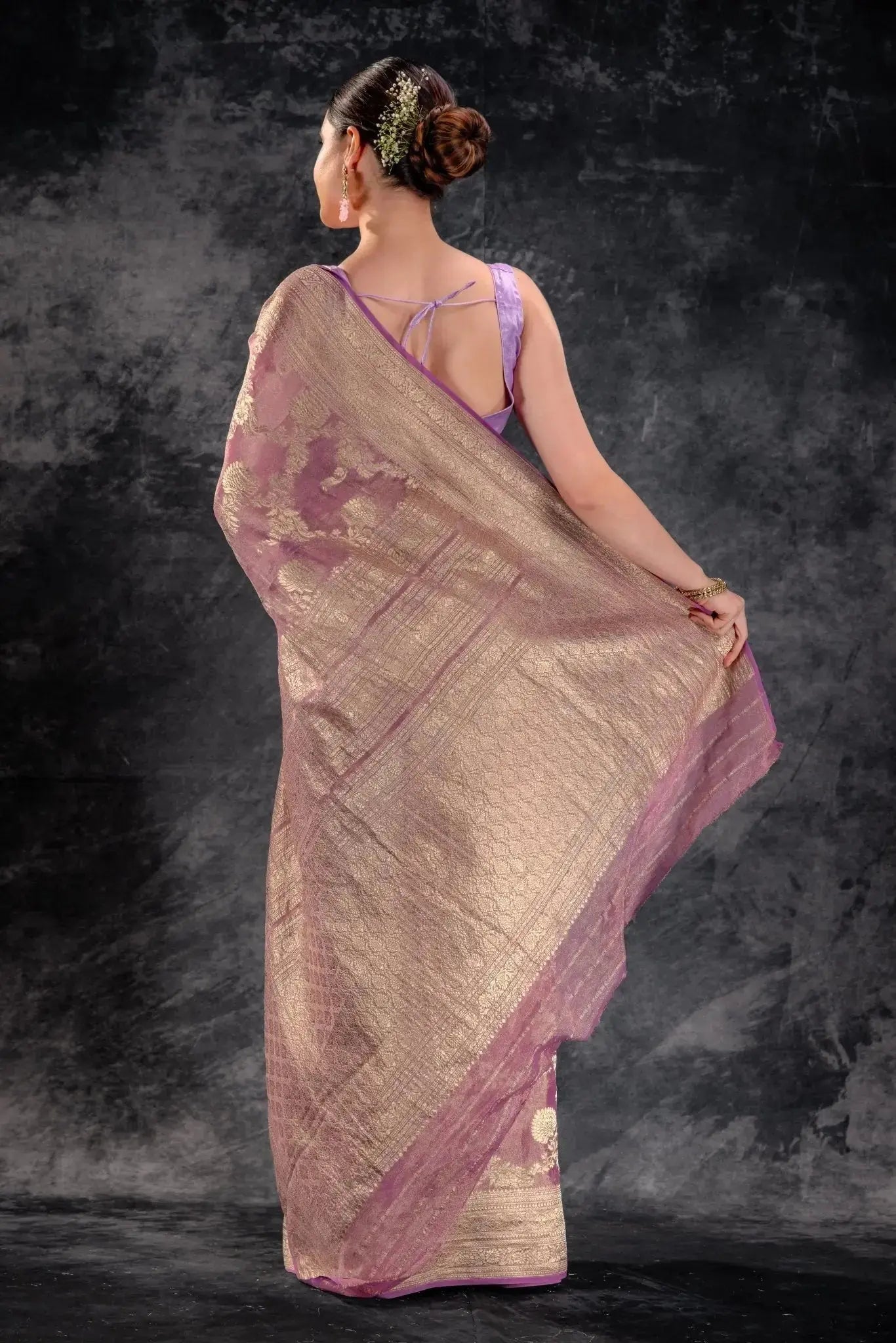 Dusty Mauve Tissue Saree with Zari Jaal Work and Contrast Border that-saree-shop.myshopify.com
