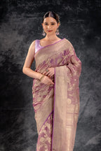 Dusty Mauve Tissue Saree with Zari Jaal Work and Contrast Border that-saree-shop.myshopify.com