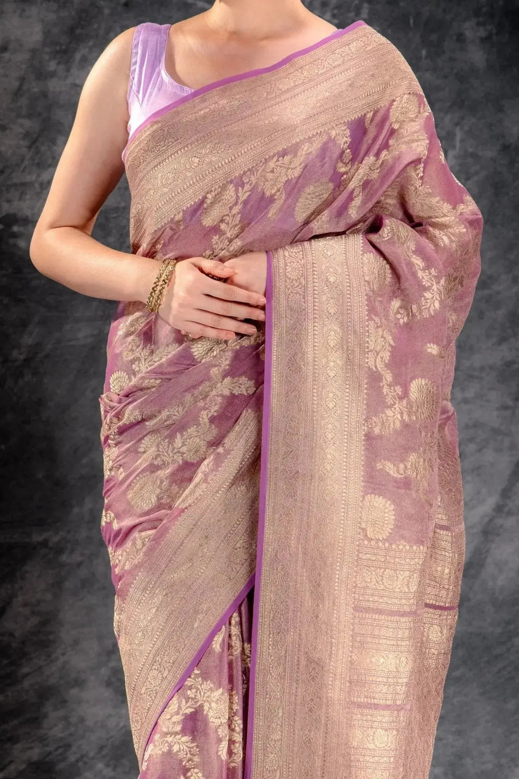 Dusty Mauve Tissue Saree with Zari Jaal Work and Contrast Border that-saree-shop.myshopify.com