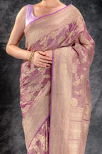 Dusty Mauve Tissue Saree with Zari Jaal Work and Contrast Border that-saree-shop.myshopify.com