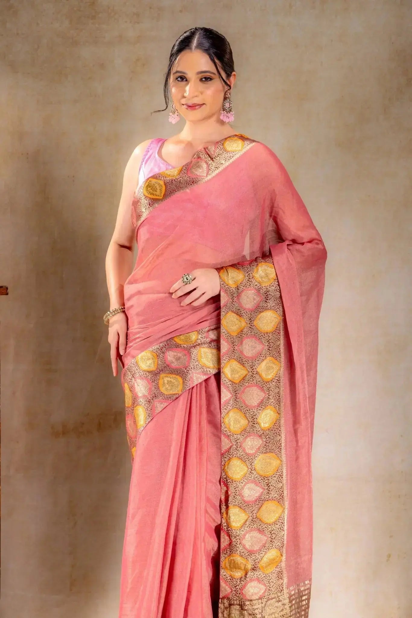 Dusty Rose Tissue Saree with Sunset Leaf Zari Border that-saree-shop.myshopify.com
