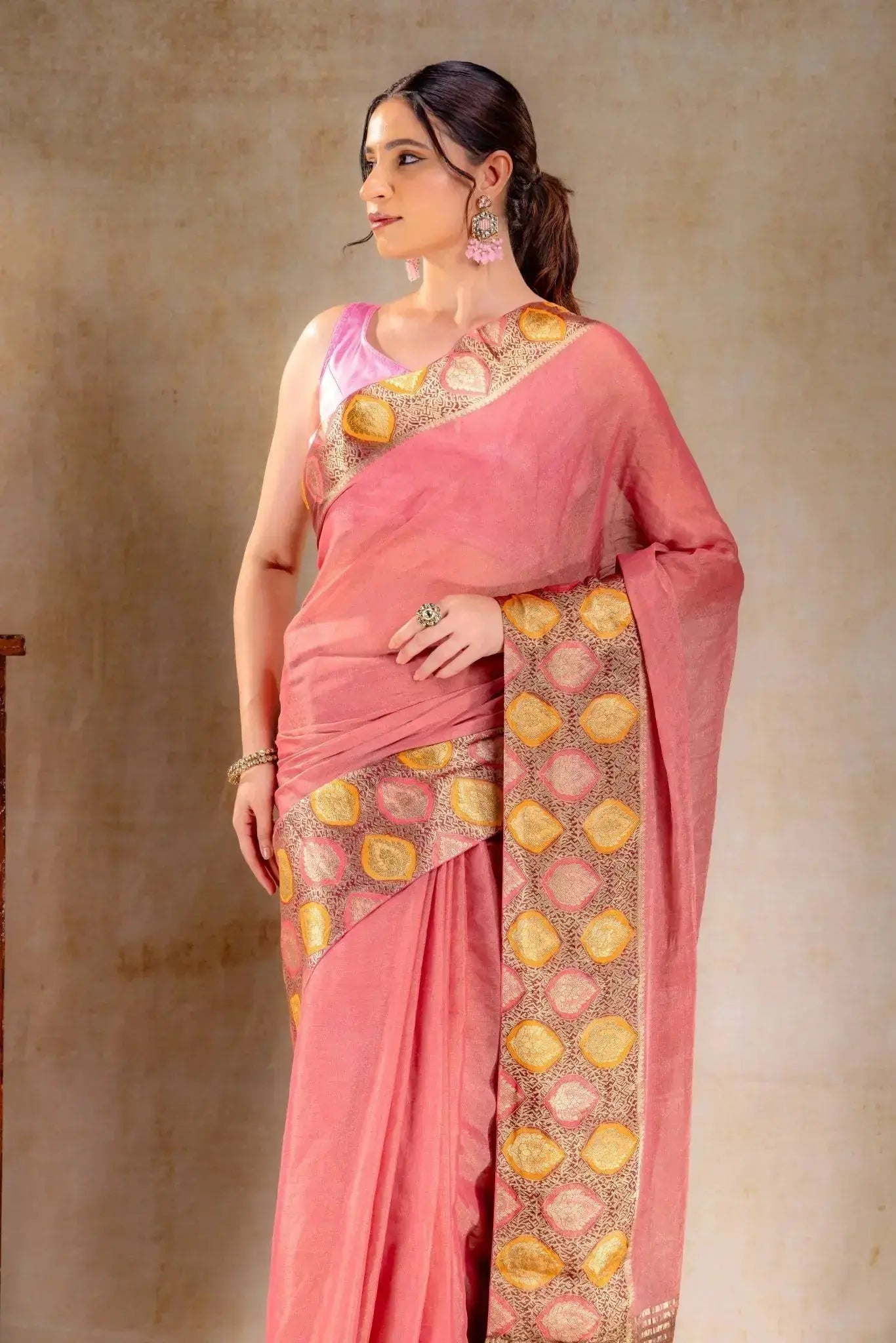 Dusty Rose Tissue Saree with Sunset Leaf Zari Border that-saree-shop.myshopify.com