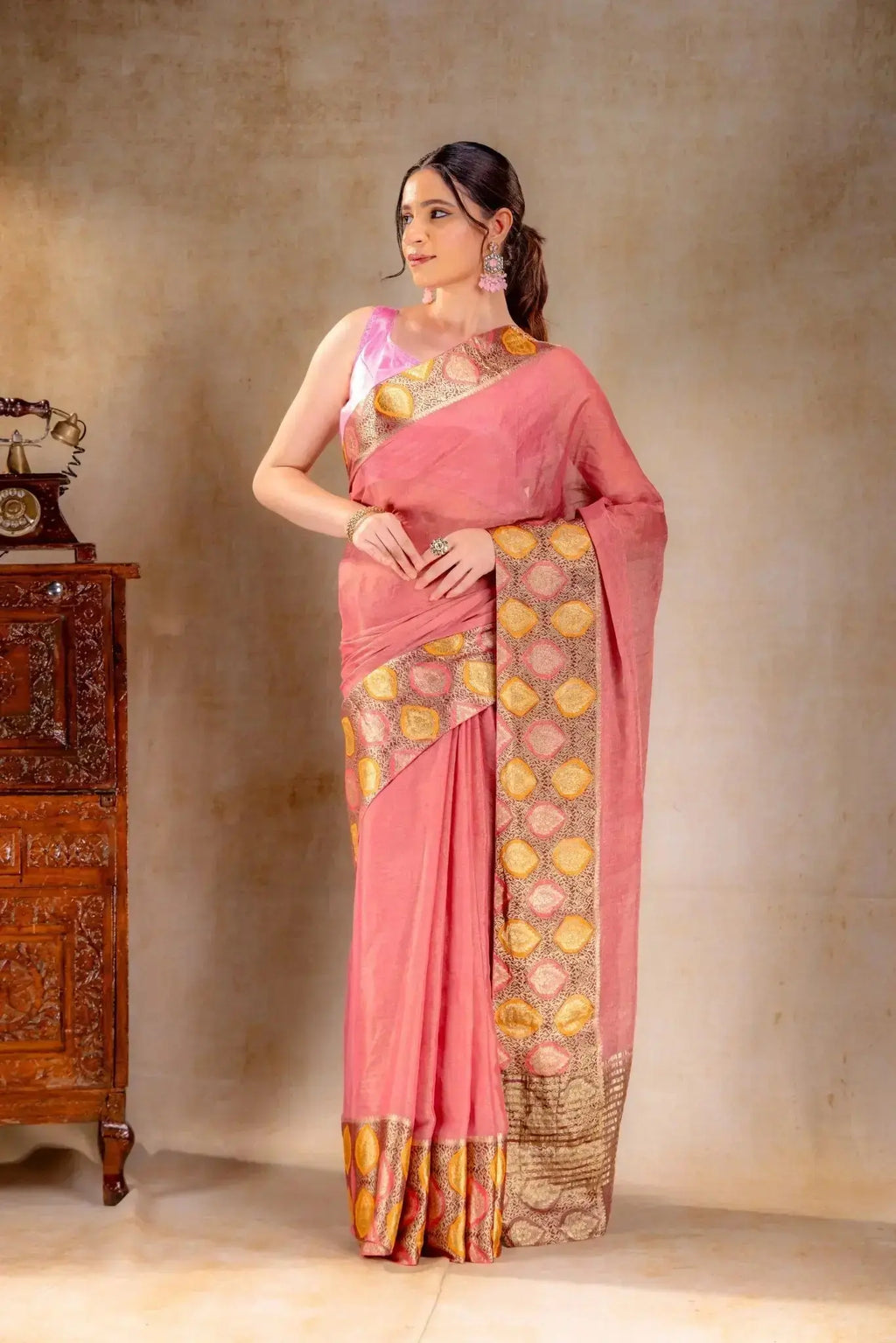 Dusty Rose Tissue Saree with Sunset Leaf Zari Border that-saree-shop.myshopify.com