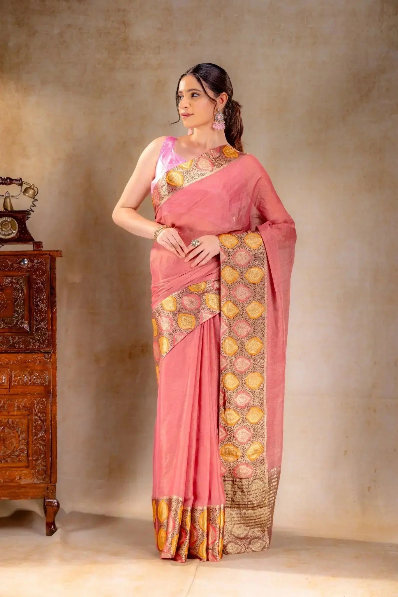 Dusty Rose Tissue Saree with Sunset Leaf Zari Border that-saree-shop.myshopify.com