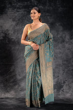 Dusty Sage Green Crepe Silk Saree Vat Dyed with Antique Zari that-saree-shop.myshopify.com