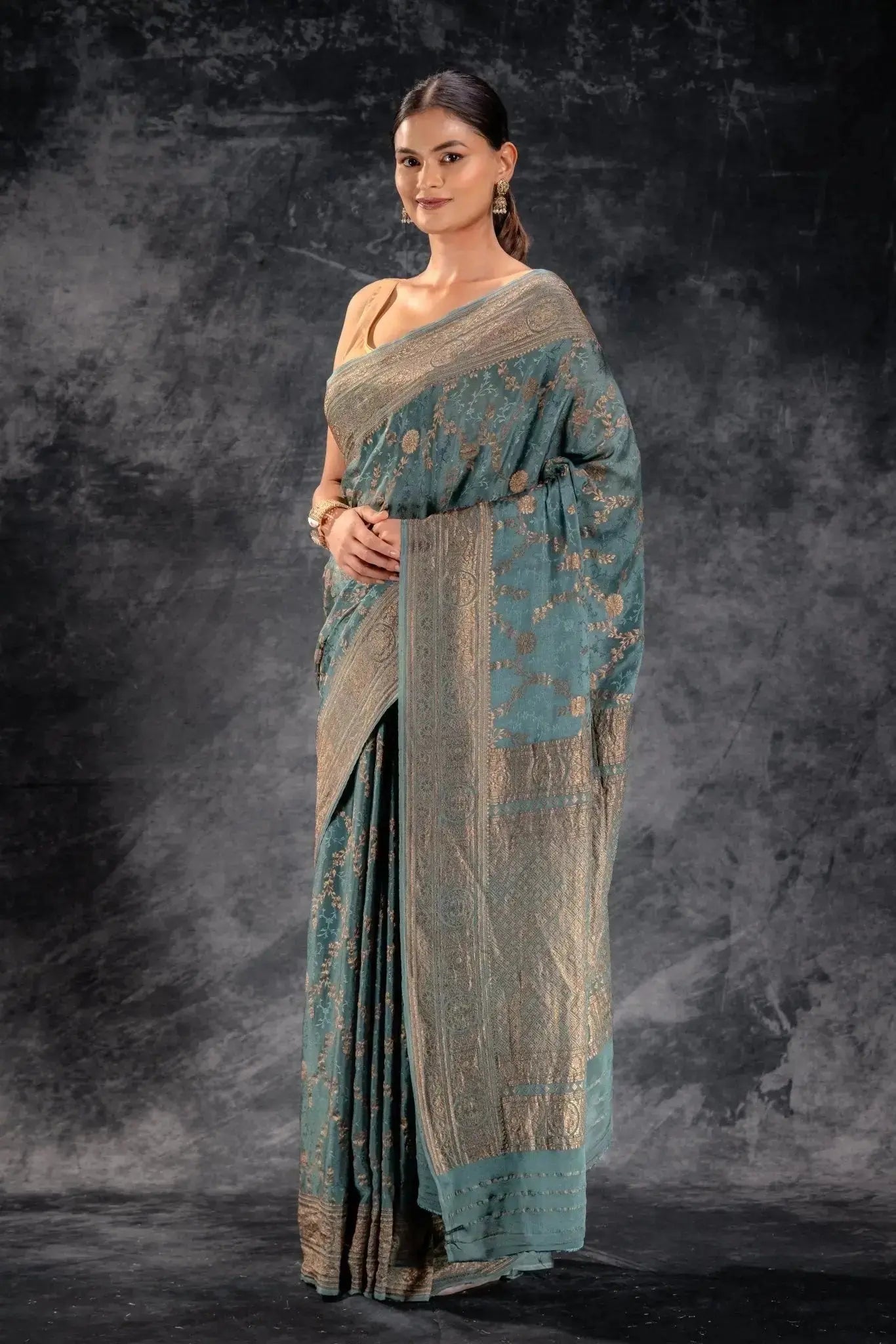 Dusty Sage Green Crepe Silk Saree Vat Dyed with Antique Zari that-saree-shop.myshopify.com