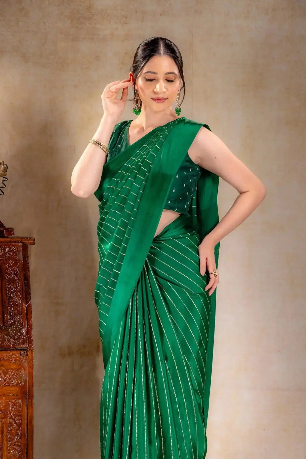 Emerald Green Crepe Saree with Gold and Silver Zari Stripe Detailing that-saree-shop.myshopify.com