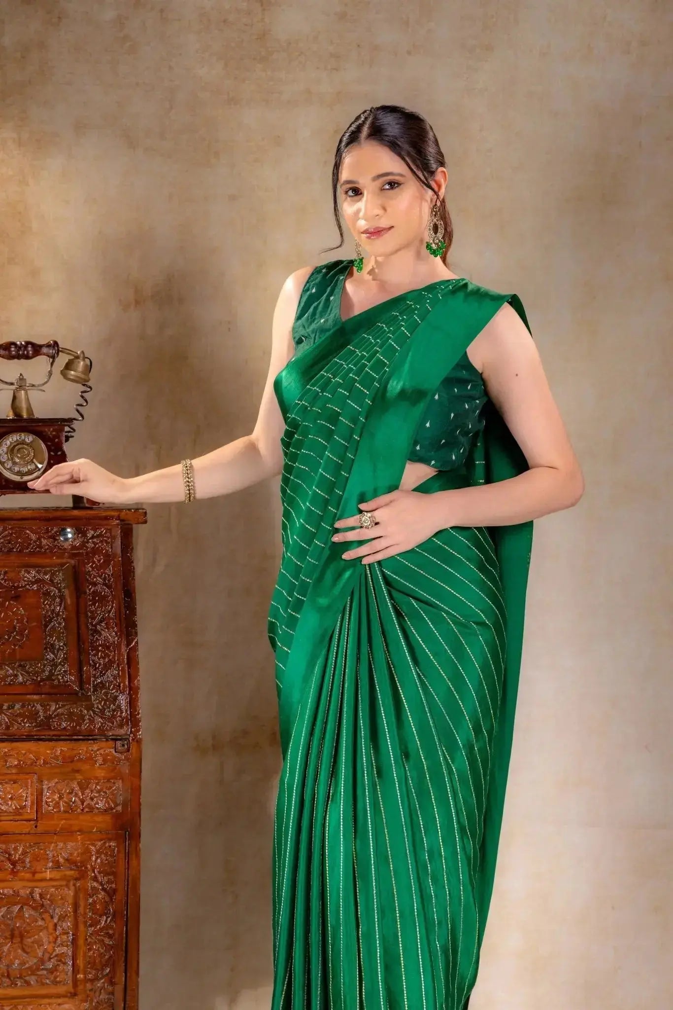 Emerald Green Crepe Saree with Gold and Silver Zari Stripe Detailing that-saree-shop.myshopify.com