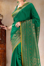 Emerald Green Crepe Silk Saree with Antique Elephant Zari Border that-saree-shop.myshopify.com