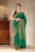 Emerald Green Crepe Silk Saree with Antique Elephant Zari Border that-saree-shop.myshopify.com