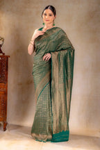 Forest Green Crepe Silk Saree Vat Dyed with Zari Checkered Weave that-saree-shop.myshopify.com