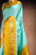 Gadwal Silk Aqua Blue with Mustard Border Saree that-saree-shop.myshopify.com