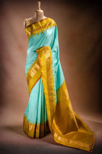 Gadwal Silk Aqua Blue with Mustard Border Saree that-saree-shop.myshopify.com