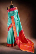 Gadwal Silk Aqua Blue with Pink Border Saree that-saree-shop.myshopify.com