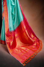 Gadwal Silk Aqua Blue with Pink Border Saree that-saree-shop.myshopify.com
