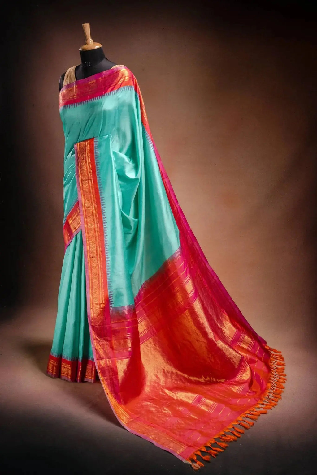 Gadwal Silk Aqua Blue with Pink Border Saree that-saree-shop.myshopify.com