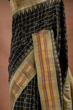 Gadwal Silk Black Checked with Olive Border Saree that-saree-shop.myshopify.com