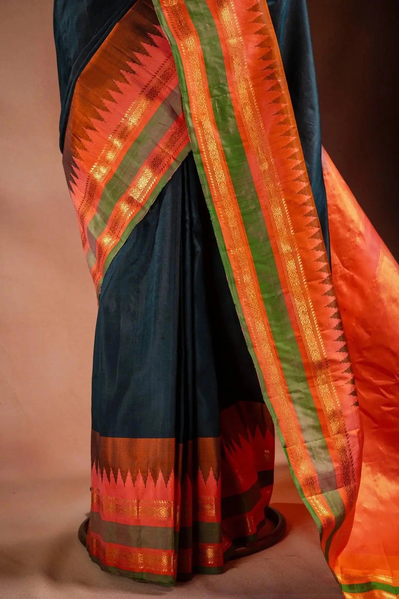 Gadwal Silk Black with Orange Border Saree that-saree-shop.myshopify.com