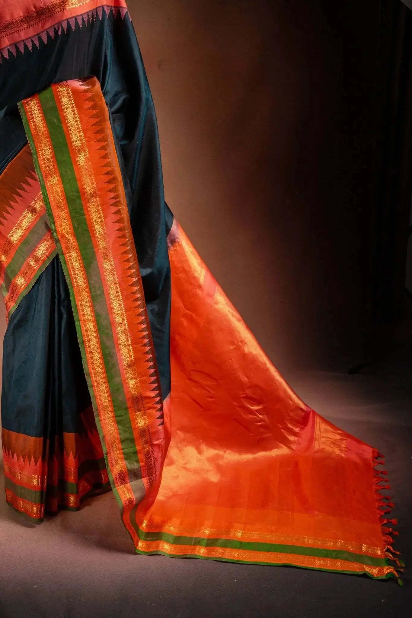 Gadwal Silk Black with Orange Border Saree that-saree-shop.myshopify.com