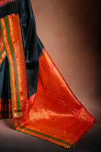 Gadwal Silk Black with Orange Border Saree that-saree-shop.myshopify.com