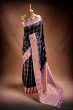 Gadwal Silk Black with Pink Border Checked Saree that-saree-shop.myshopify.com