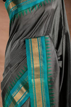 Gadwal Silk Grey with Teal Border Saree that-saree-shop.myshopify.com