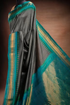 Gadwal Silk Grey with Teal Border Saree that-saree-shop.myshopify.com