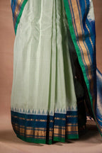 Gadwal Silk Light Green Checks with Blue Border Saree that-saree-shop.myshopify.com